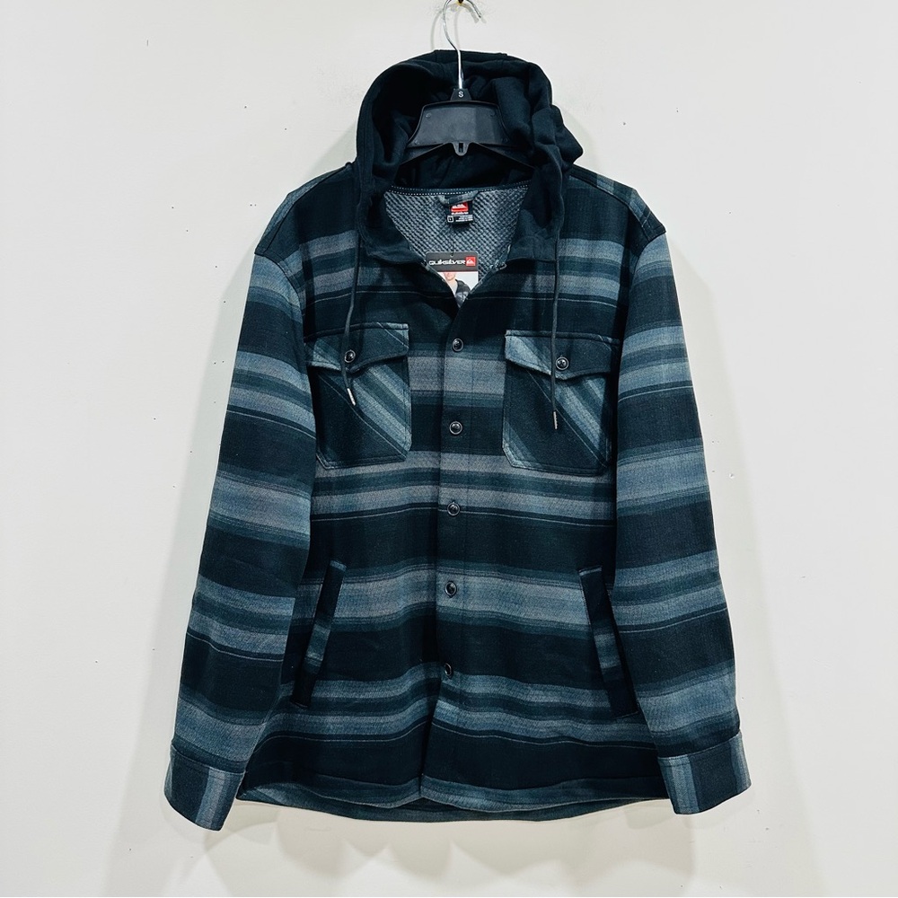 Quiksilver mens hooded flannel shirt jacket Large Black heavy duty‎ NWT